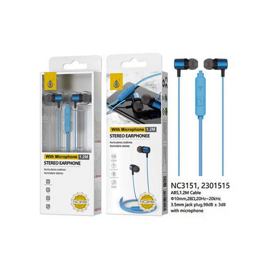 AURICULARES ONEPLUS NC3151 AZ COM MICRÓFONO Y BOTÓN MULTIFUNCIONAL 1.2M AZUL AURICULARES ONEPLUS NC3151 AZ COM MICRÓFONO Y BOTÓN MULTIFUNCIONAL 1.2M AZUL
